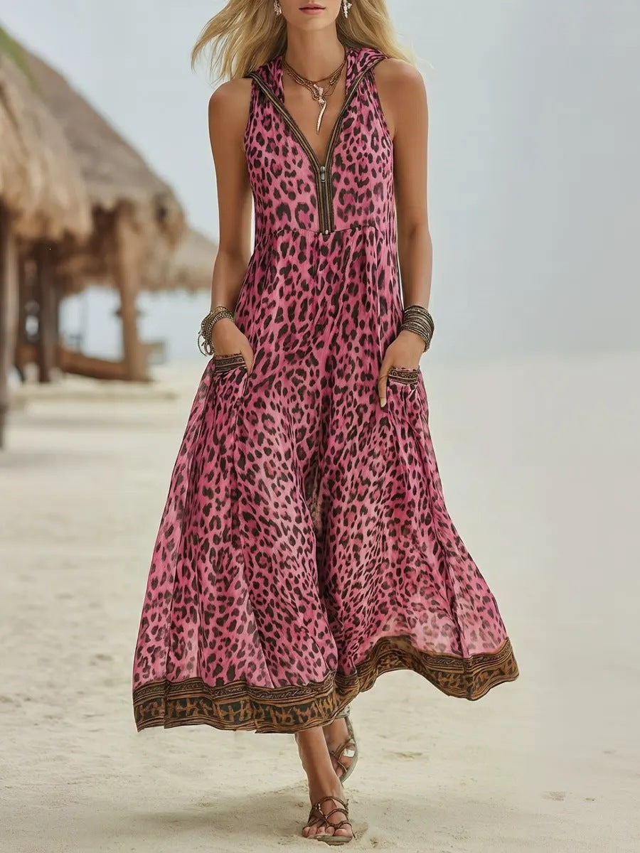 🌷🌷Women's Retro Casual Green Leopard Print Art Hooded Midi Dress