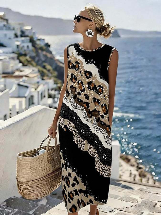 🎉🐆 Long Sleeveless Patchwork Dress 👗✨ Chic Leopard Print Style 💐