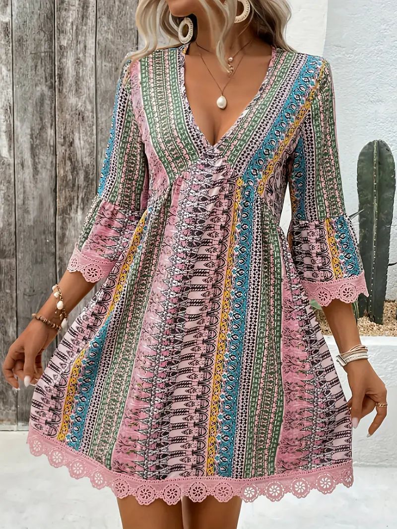 🌷🌷Lace Trim Printed V-Neck 3/4 Sleeve Dress（S-5XL）