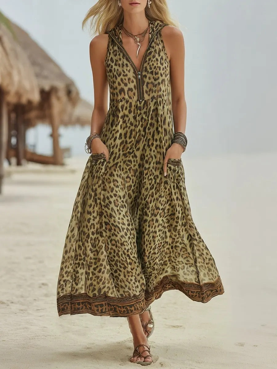 🌷🌷Women's Retro Casual Green Leopard Print Art Hooded Midi Dress