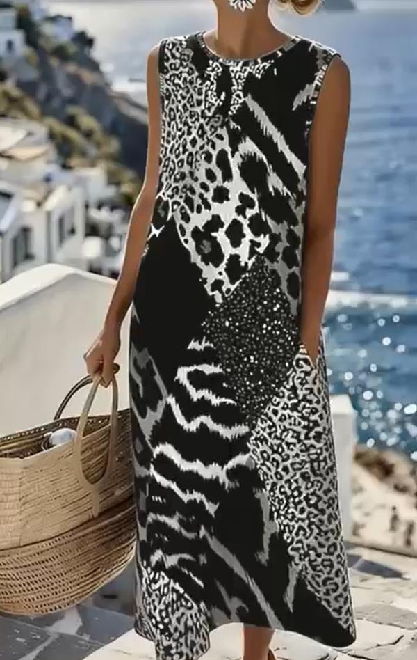 🎉🐆 Long Sleeveless Patchwork Dress 👗✨ Chic Leopard Print Style 💐