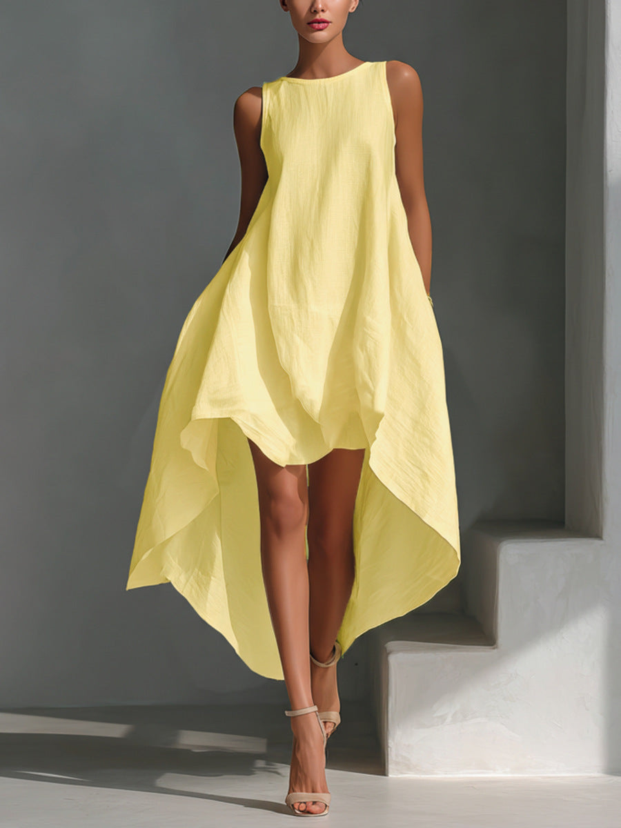 🌷🌷Women's White Linen Fabric Sleeveless Midi Dress With Round Neck & Asymmetric Hem