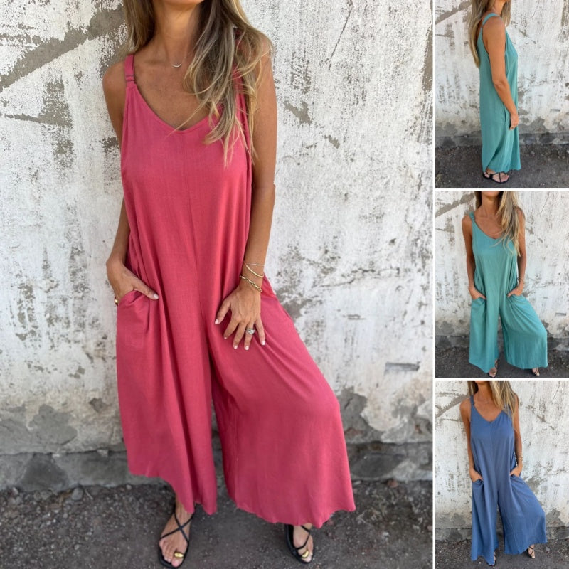 🥳🥳Women's Casual Loose Cotton-Linen Blend Jumpsuit with Pockets and Adjustable Straps