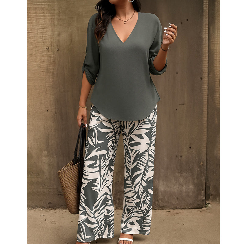 🥳 2026 MEGA SALE: 50% OFF! 💞 V-Neck Blouse & Printed Wide-Leg Pants