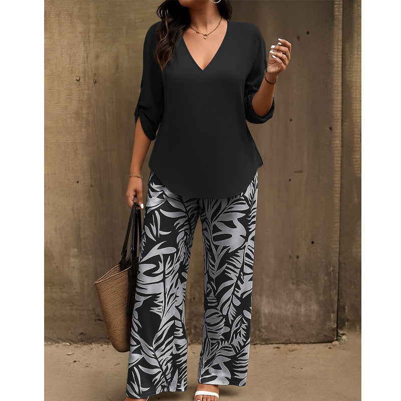 🥳 2026 MEGA SALE: 50% OFF! 💞 V-Neck Blouse & Printed Wide-Leg Pants