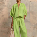 🌿🌿Women's Solid 2-Piece Tracksuit Set with Puff Sleeves & Wide-Leg Pants