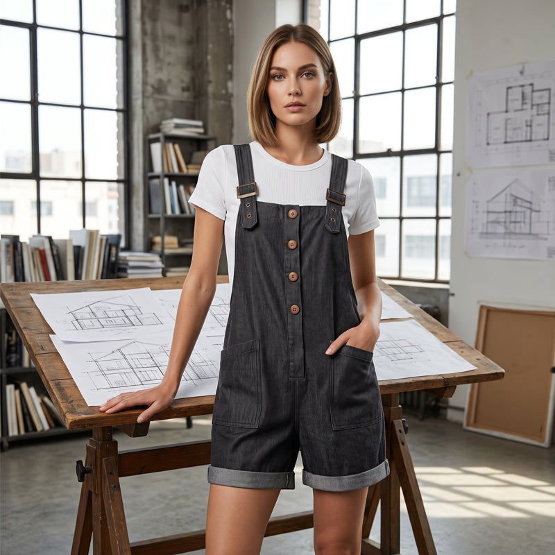 🌿🌿 LIMITED-TIME 50% OFF! 🌸 Retro Solid Color Romper with Adjustable Straps – Button-Front, Large Pockets, Relaxed Fit ✨