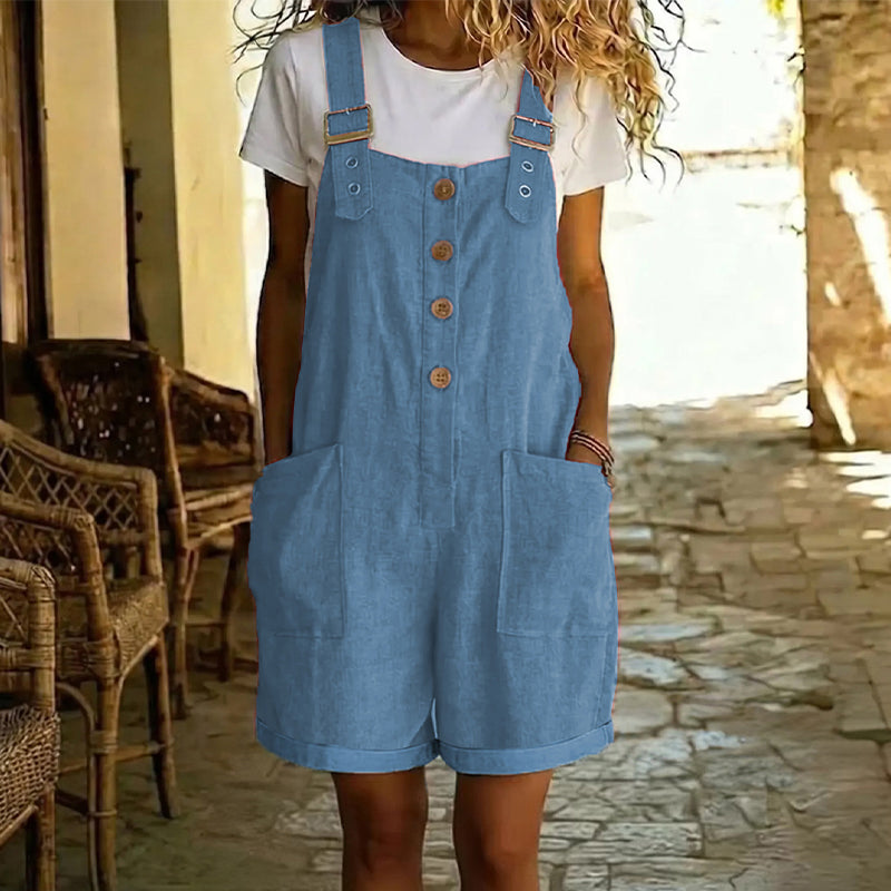 🌿🌿 LIMITED-TIME 50% OFF! 🌸 Retro Solid Color Romper with Adjustable Straps – Button-Front, Large Pockets, Relaxed Fit ✨